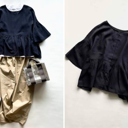 「ニコアンド」の黒ギャザーブラウス（5,500円）は一枚で「サマになる」オトナ仕様。羽織ものにも！【4ケタアイテムで叶えるオシャレ115】