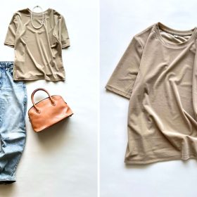 「GU」のシアーベロアTシャツ（1,290円）で、暑いけど“秋気分を少しだけ”【4ケタアイテムで叶えるオシャレvol.119】
